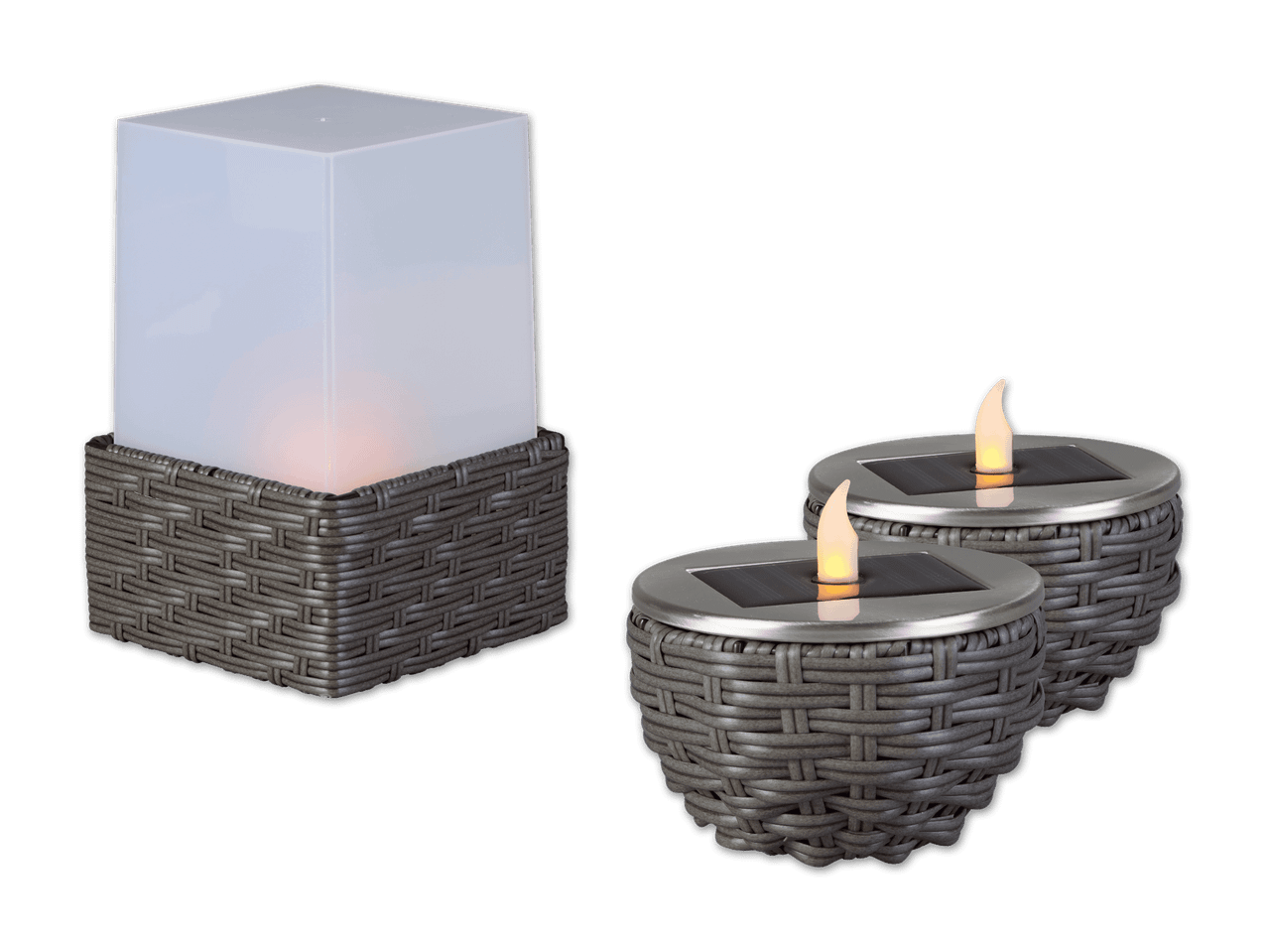 Solarbetriebene LED-Kerzen und -Laterne im Stein-Design.