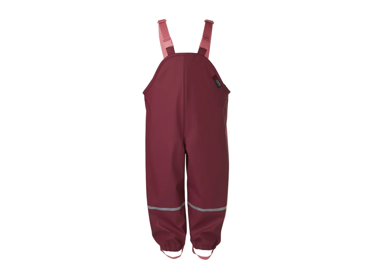 Maroon waterproof dungarees with pink straps and reflective strips
