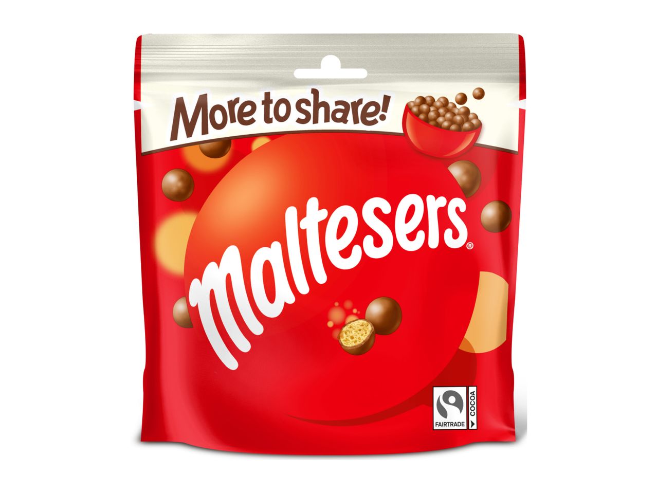 Maltesers candy bag with 'More to share!' text and Fairtrade Cocoa logo.