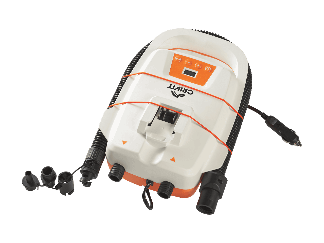 Tragbare elektrische Luftpumpe in Weiß und Orange mit Schlauch und Adaptern, Draufsicht.