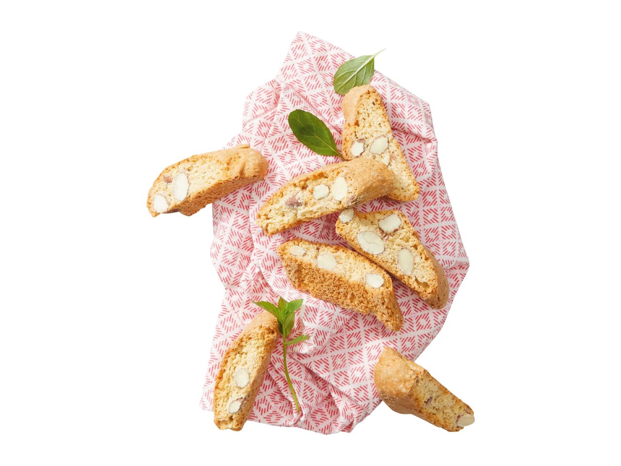 Almond biscotti on a red and white patterned cloth with mint leaves.