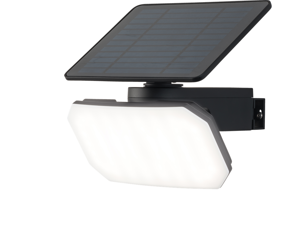 Solar-powered LED floodlight with an integrated solar panel on a black background.