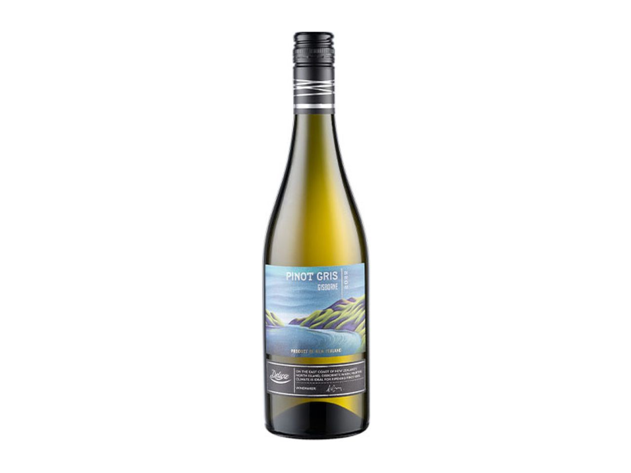 A bottle of Pinot Gris wine with a scenic label featuring a body of water and hills.