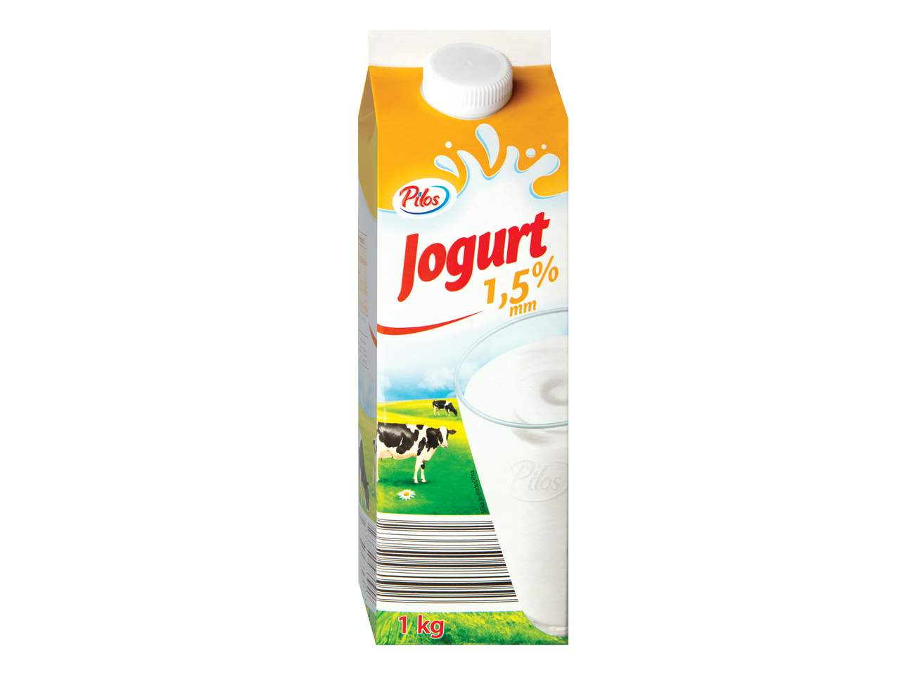 Pilos Jogurt 1,5% mm pakovanje sa kravama na pašnjaku i čašom jogurta.