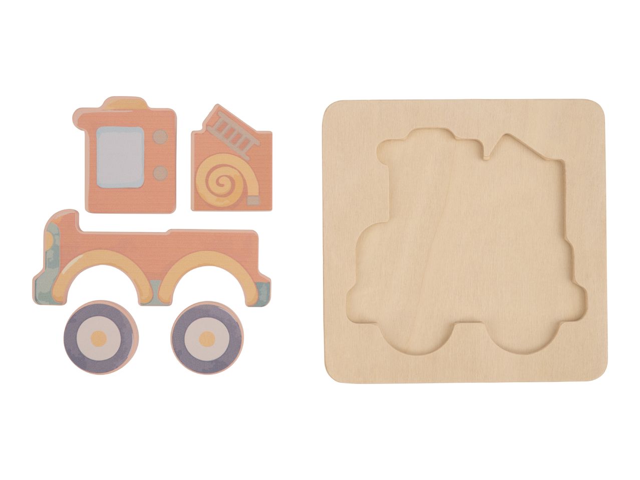 Wooden fire truck puzzle with separate pieces and a matching board.