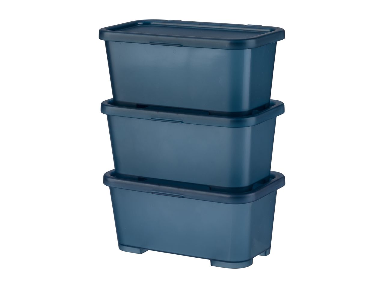 Three stackable plastic storage boxes in dark blue.