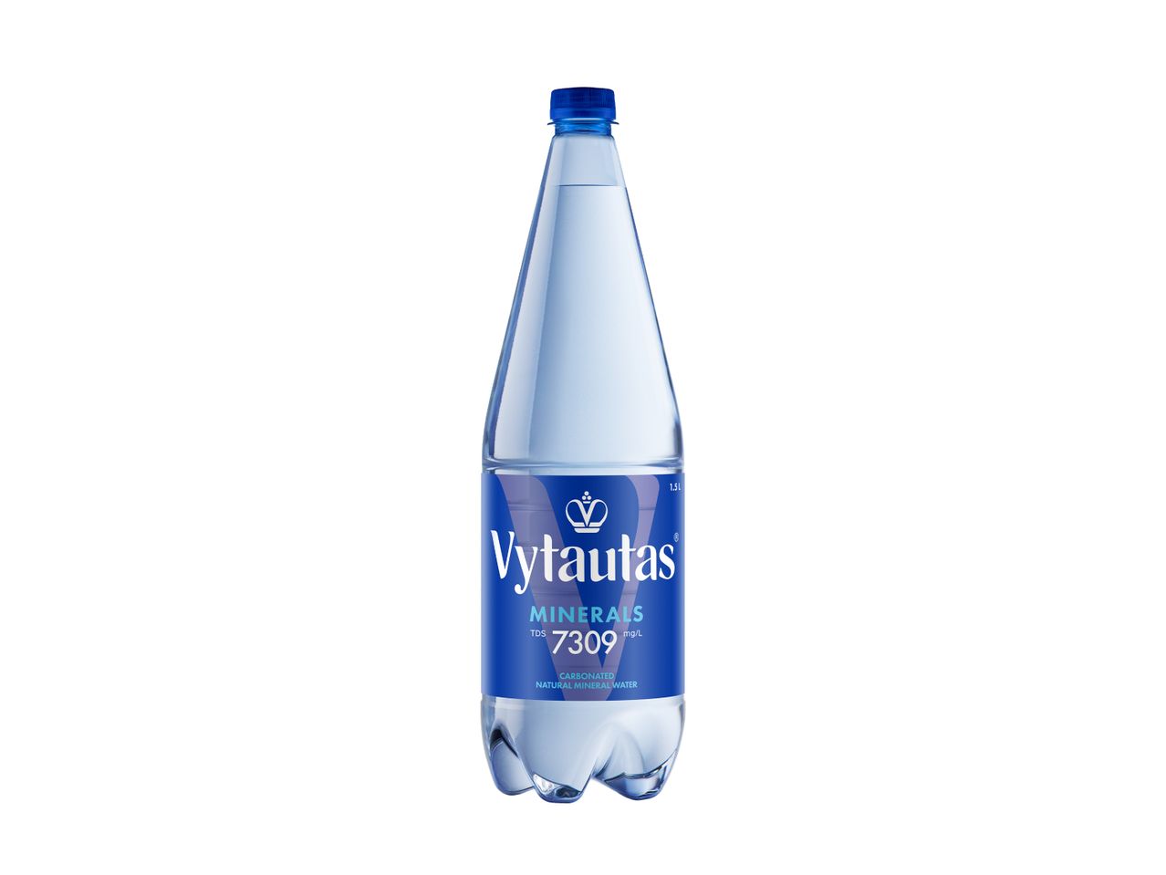 Vytautas mineralinio vandens butelis su mėlyna etikete ir dangteliu.