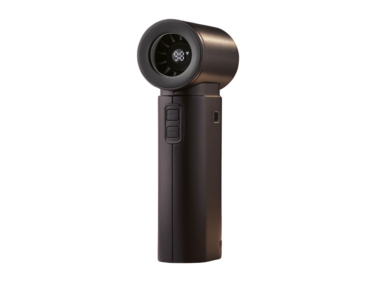 Black handheld fan with a digital display showing '98°F' and control buttons on the side.