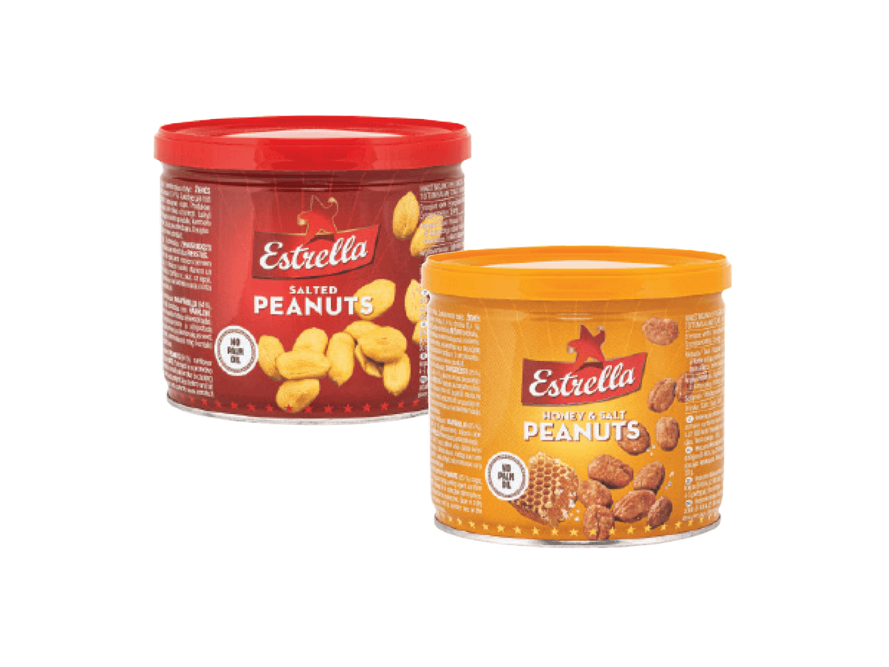 Estrella sūdyti ir medaus bei druskos žemės riešutai skardinėse.