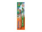 Two children's toothbrushes, orange and green, with a Paw Patrol Dino Movie theme, for ages 6+.