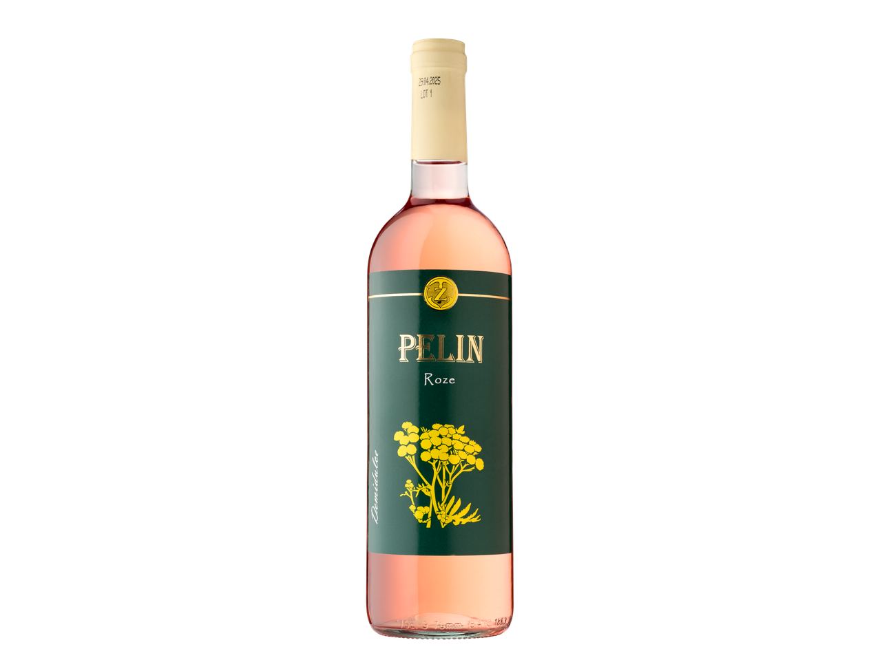 Sticlă de vin roze Zorești Pelin cu etichetă verde și flori galbene.
