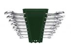 A set of silver combination wrenches in a dark green holder.