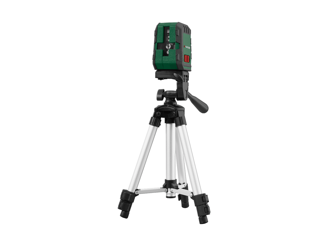 Livella laser a croce verde su treppiede, per lavori di precisione.