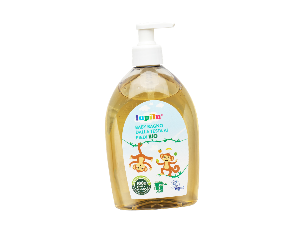 Flacone di bagnoschiuma per bambini Lupilu con erogatore, etichetta con scimmie e dicitura 'BIO'.