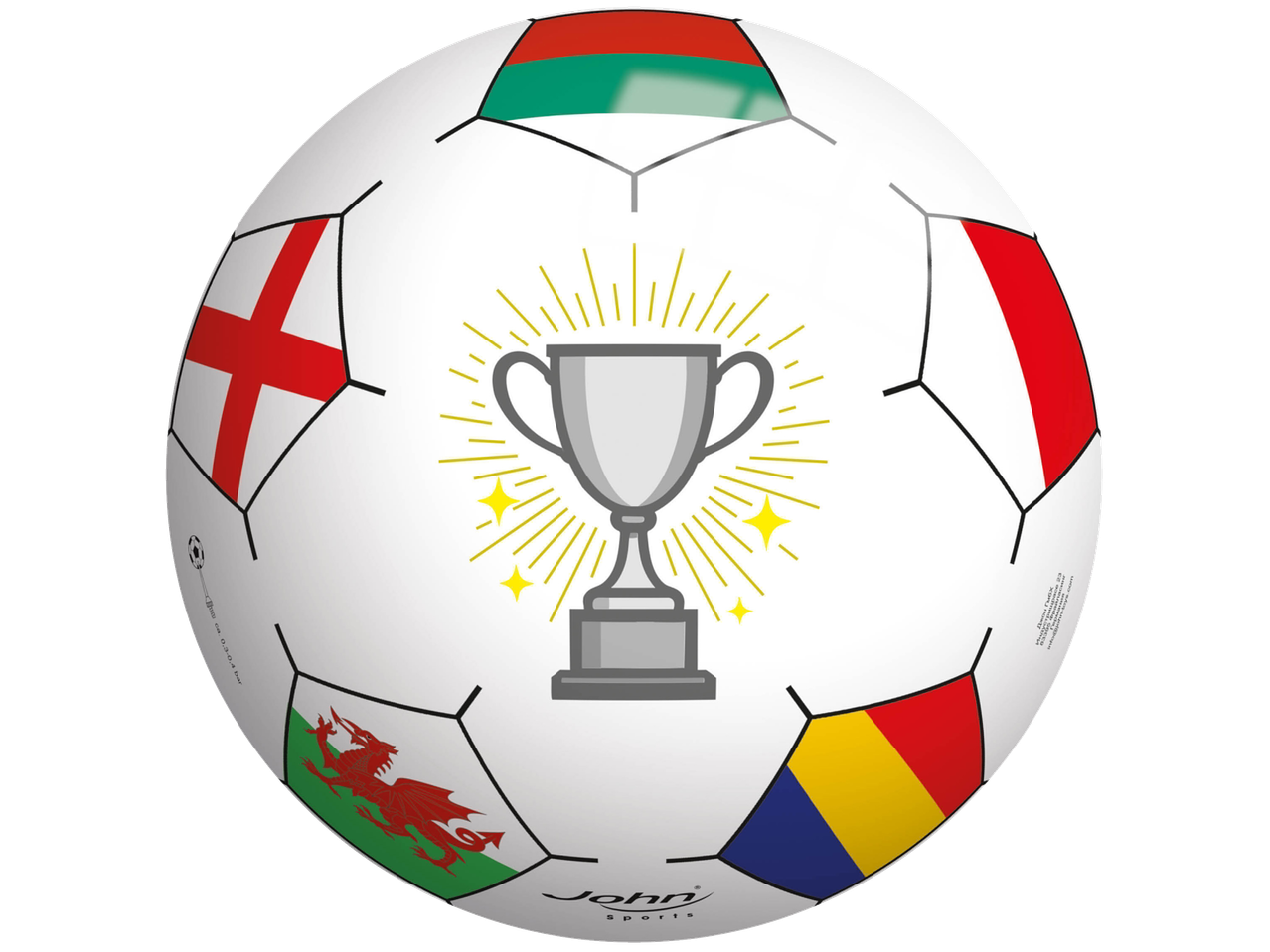 Bola de futebol JOHN com um troféu e bandeiras da Inglaterra, País de Gales, Roménia e Bielorrússia.