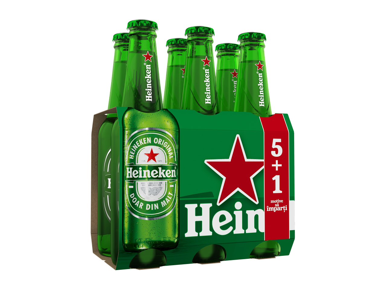 Șase sticle de bere verde într-un ambalaj de carton, cu textul '5+1 motive să împarți'.