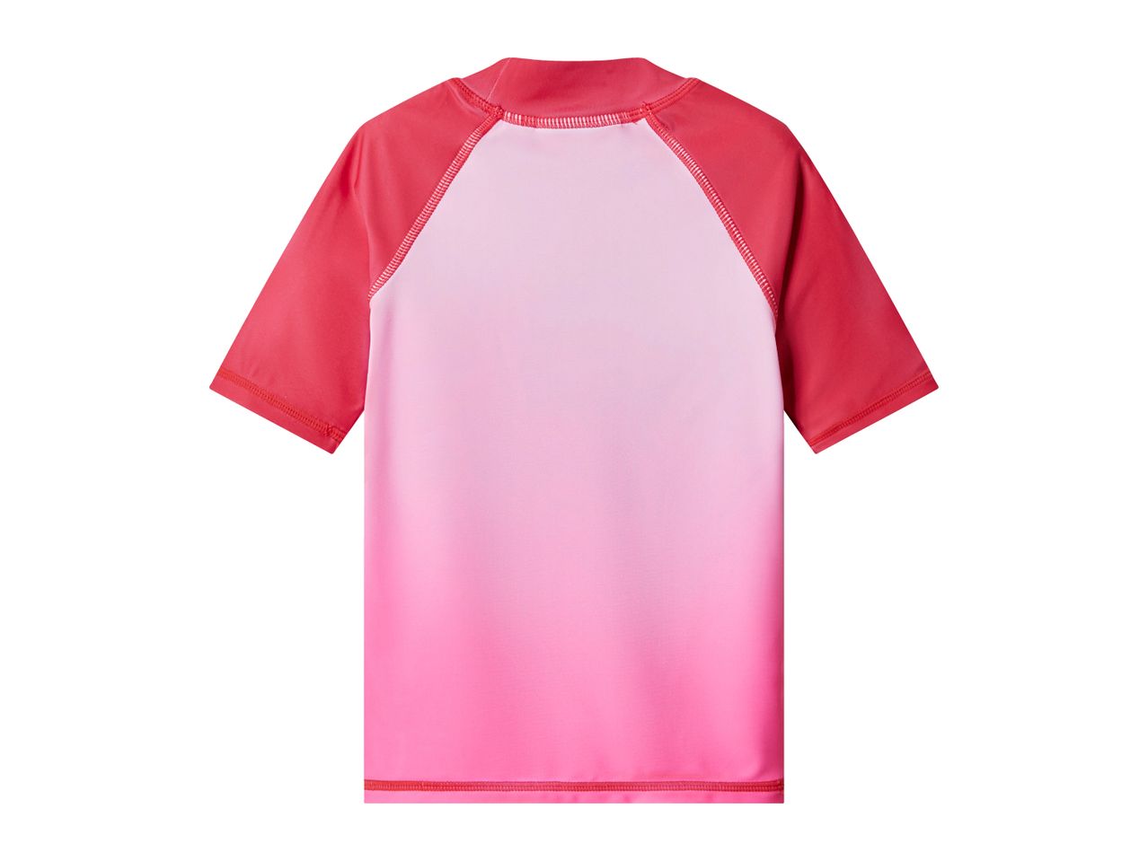 Pink ombre short-sleeved rash guard with red raglan sleeves, back view