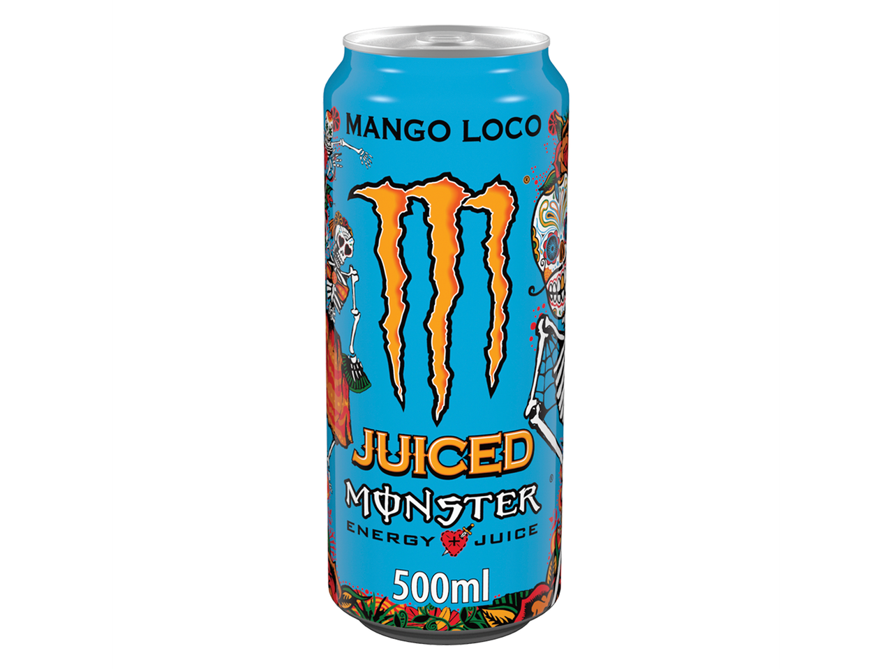 Bebida energética Monster Juiced Mango Loco em lata de 500ml.