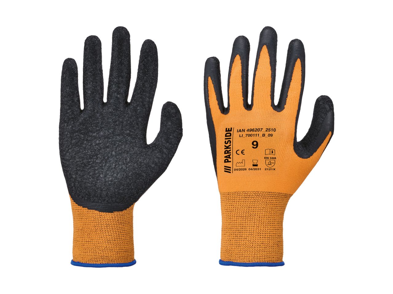 Pair of orange and black work gloves with textured grip and safety markings.