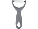 A grey plastic peeler with a stainless steel blade.