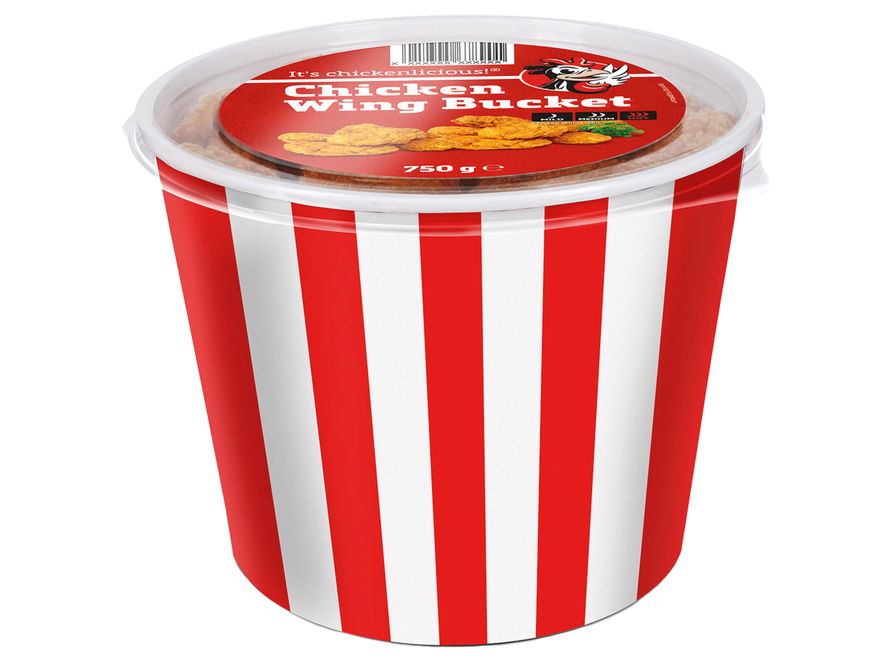 En rödvit randig hink med kycklingvingar.