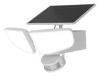 White solar-powered light with two adjustable LED heads and a motion sensor.