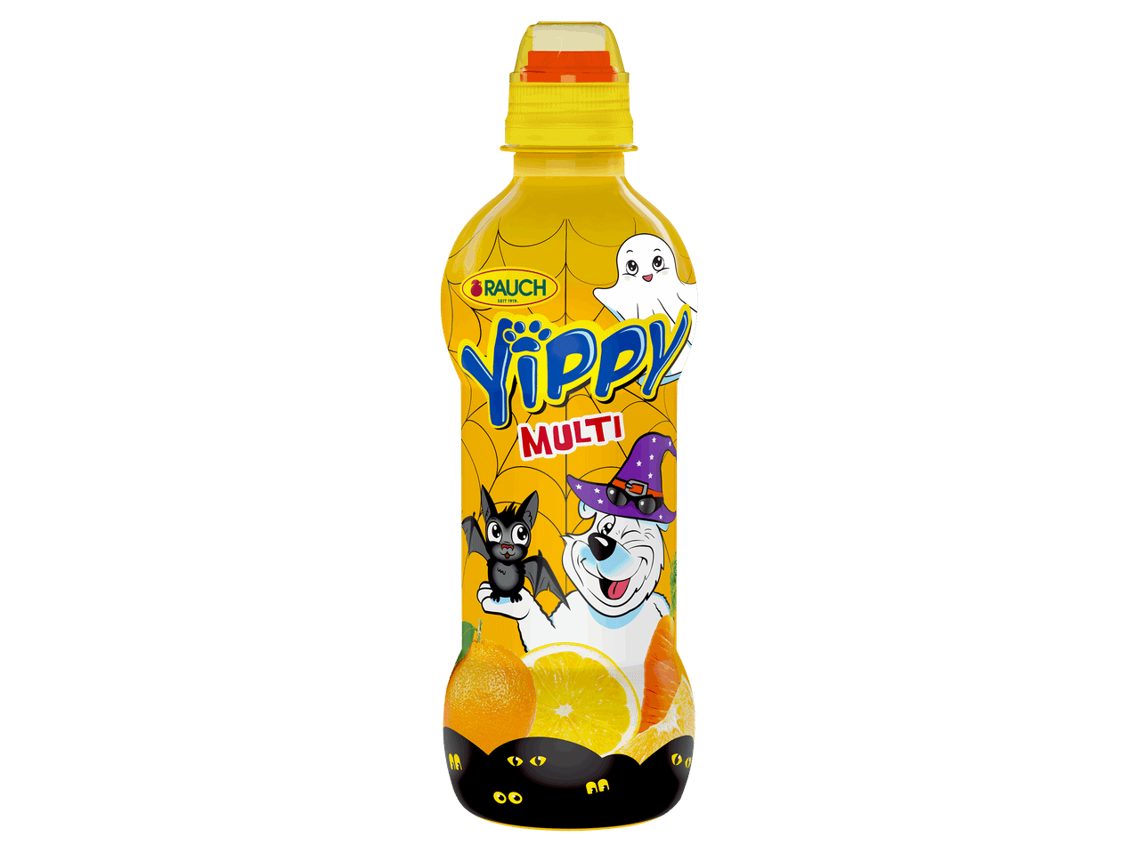Halloweeni mintás, gyümölcsös multivitamin ital sportkupakos palackban.