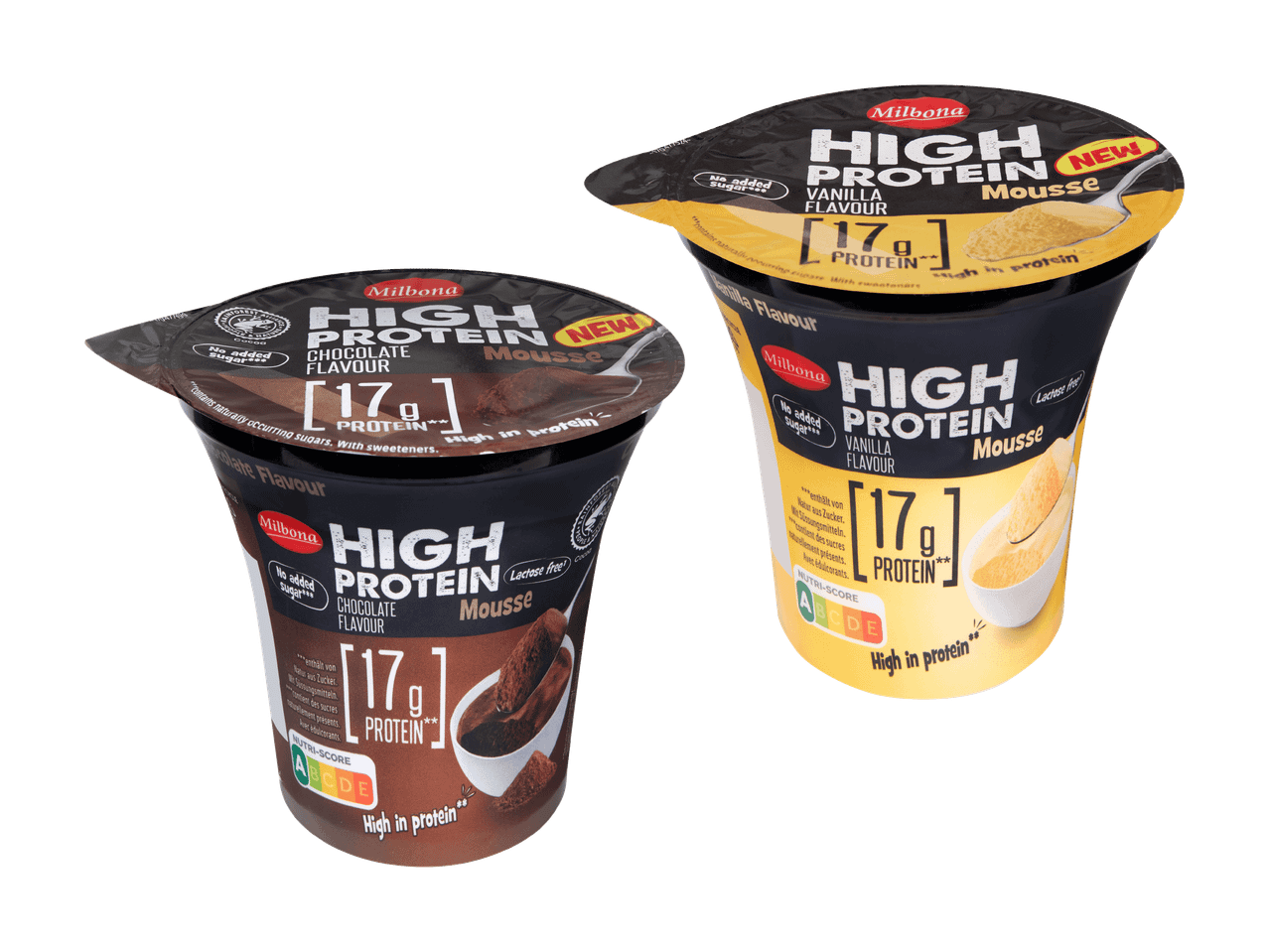 Zwei High-Protein-Mousses, Schokolade und Vanille, mit 17g Protein und ohne Zuckerzusatz.