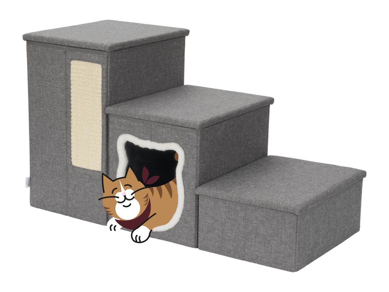 Three-step grey fabric pet stairs with a built-in cat condo and scratching pad