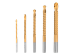 PARKSIDE® Drill Bit Assortment: Five golden drill bits of varying sizes.