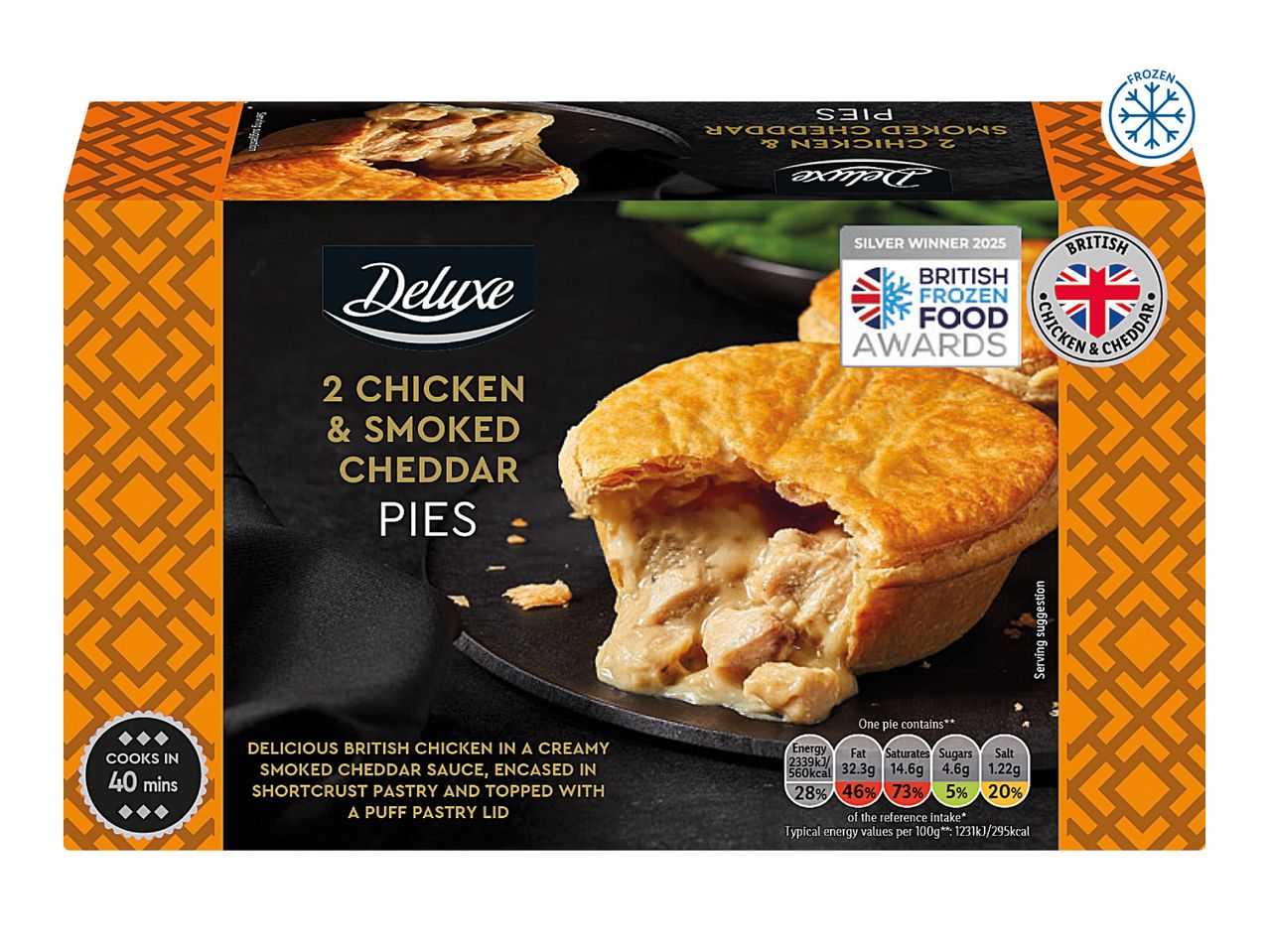 Deluxe 2 Chicken & Smoked Cheddar Pies packaging, featuring a pie with a cut-out section and nutritional information.