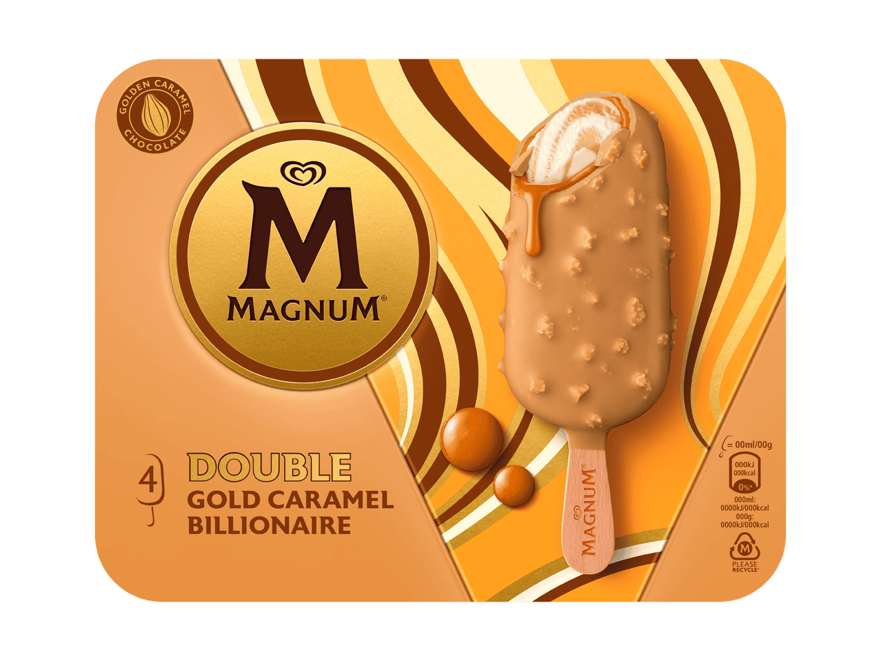 Verpackung von Magnum Double Gold Caramel Billionaire mit einem Karamelleis.