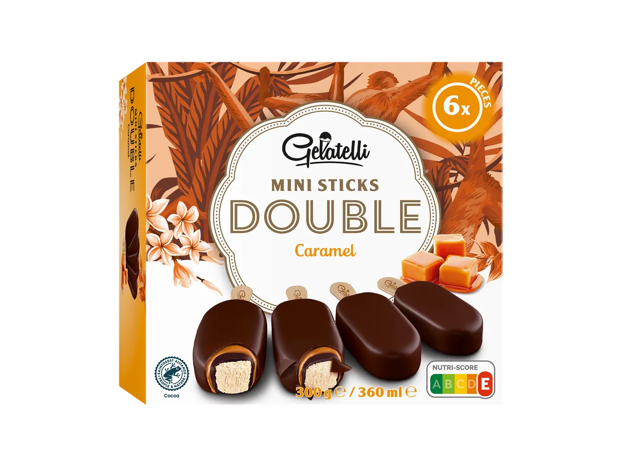 Boîte de 6 mini bâtonnets glacés double caramel, avec Nutri-Score A.