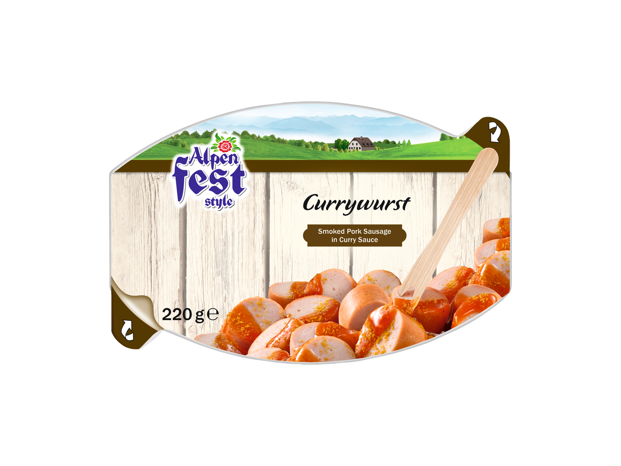Alpen Fest Style Currywurst: Smoked pork sausages in curry sauce, 220g.