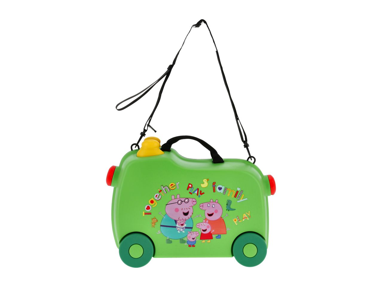 Green children's ride-on suitcase with Peppa Pig family illustration and text 'Together Play Family'
