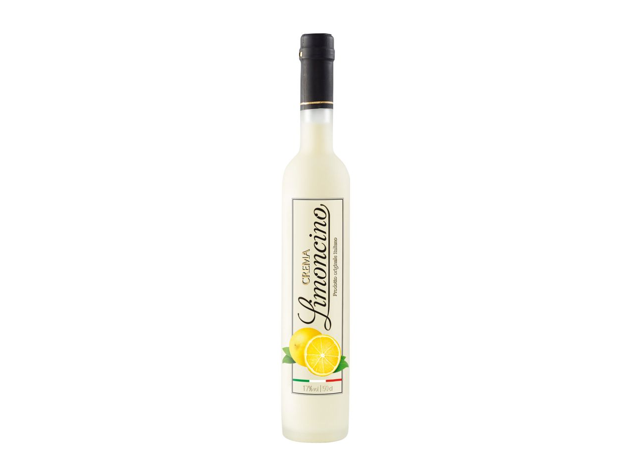 A bottle of Crema Limoncino, a creamy lemon liqueur, on a white background.