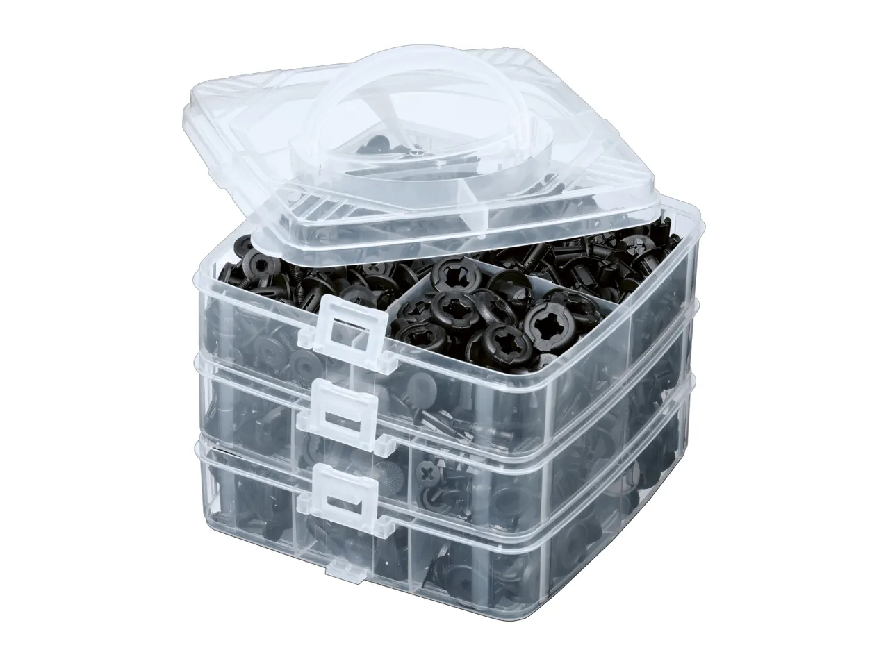 Three-tier plastic organizer box filled with black plastic car rivets and fasteners