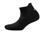 Black ankle sock with textured knit details and a small light grey logo on the heel.