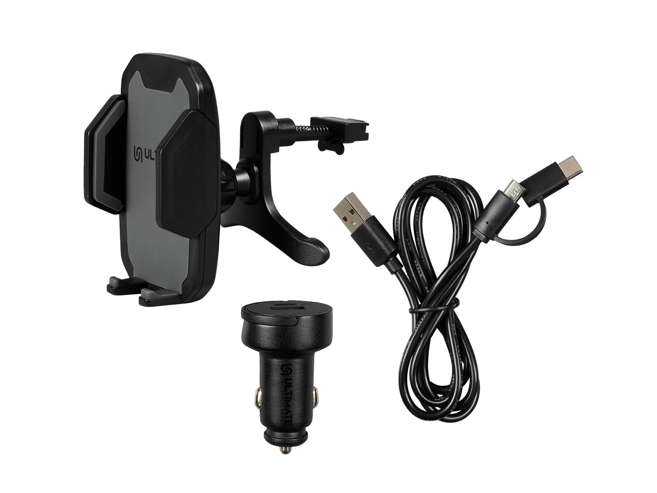 Automobilio laikiklis su belaidžiu įkrovikliu ir USB laidu.