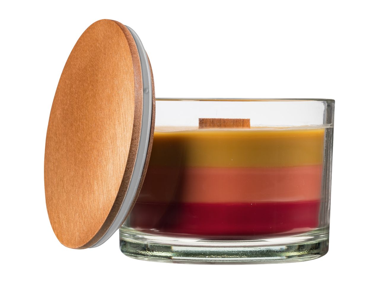 A layered candle in a glass jar with a wooden lid, featuring shades of yellow, orange, and red.