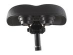 A black bicycle seat with a metal post is shown from below.