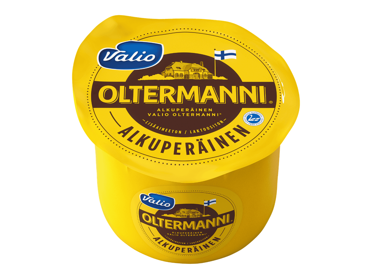 Kaksi keltaista juustopakettia, joissa on suomalainen maatila ja Suomen lippu.