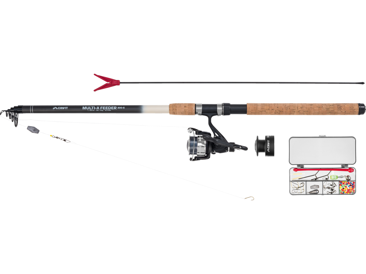 Σετ ψαρέματος CRIVIT MULTI-X FEEDER 300-5 με καλάμι, μηχανισμό και αξεσουάρ.