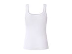 White ribbed women's camisole with lace trim on the neckline and straps.
