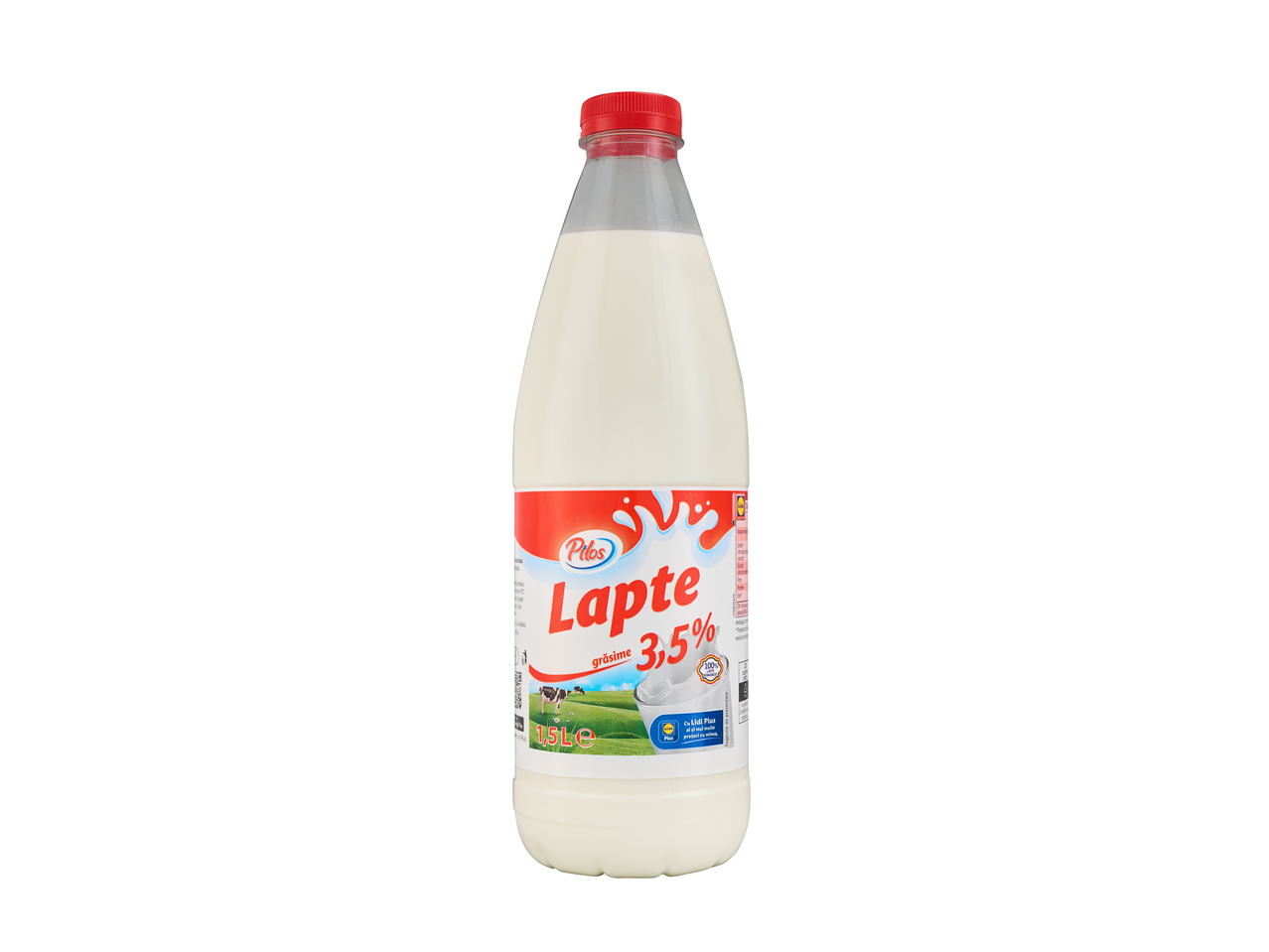 Lapte Pilos 3,5% grăsime într-o sticlă de 1,5L cu capac roșu.