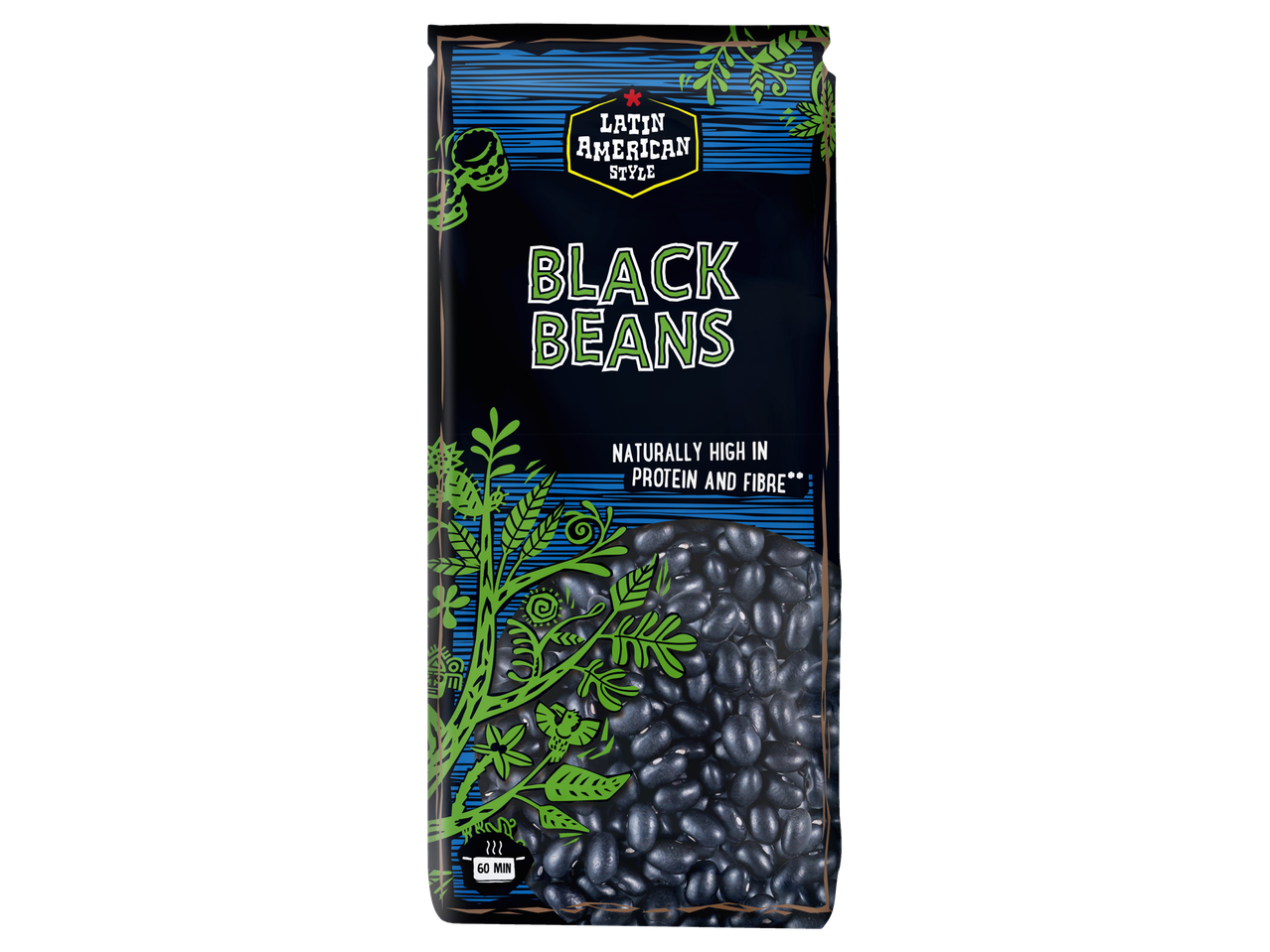 Latin American style black beans, high in protein and fibre.