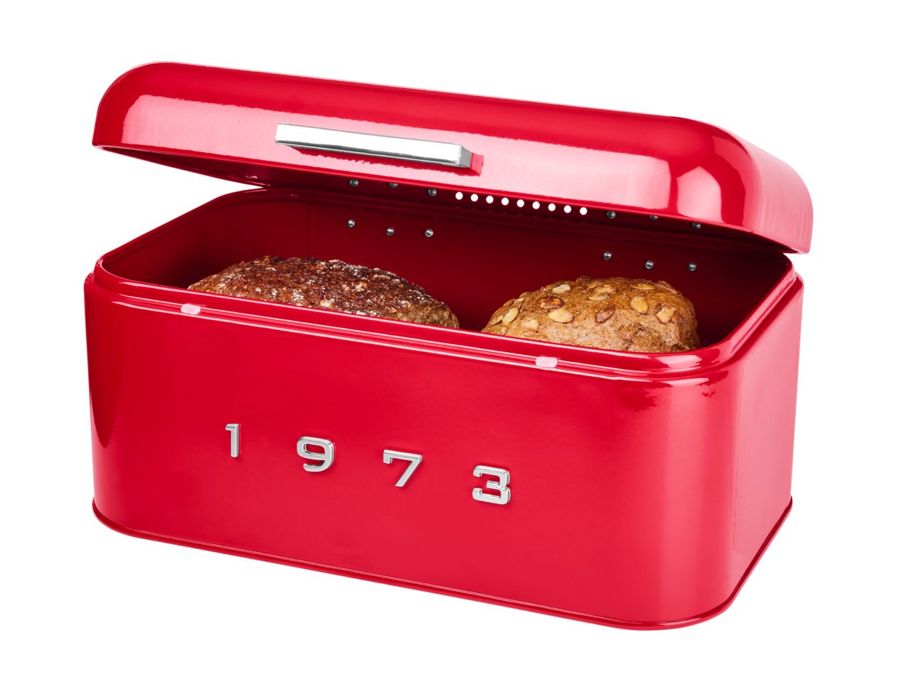 Red retro bread bin with the year 1973 on the front, containing two loaves of bread.