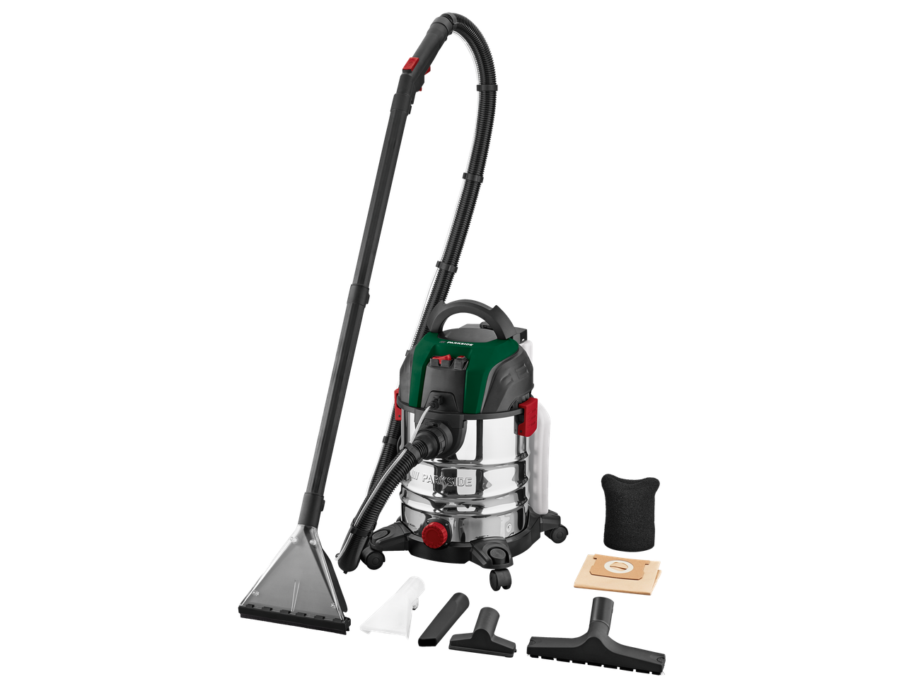 Parkside® Waschsauger koos tarvikutega mustal taustal.