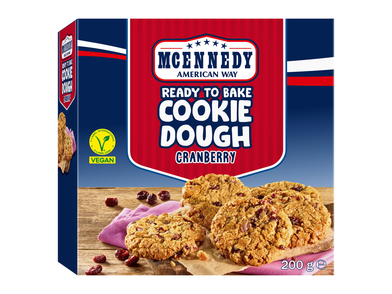 MCENNEDY Bakklare Cranberry Koekjesdeeg, 200g, met een veganistisch label.