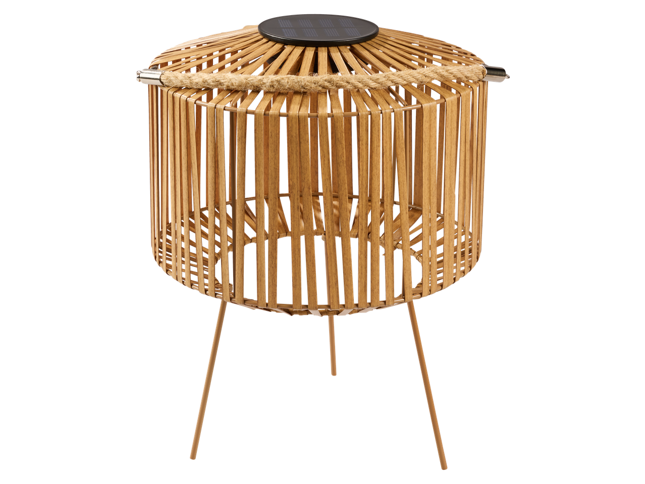 Solar-powered bamboo lantern with a rope handle and three legs, on a black background.
